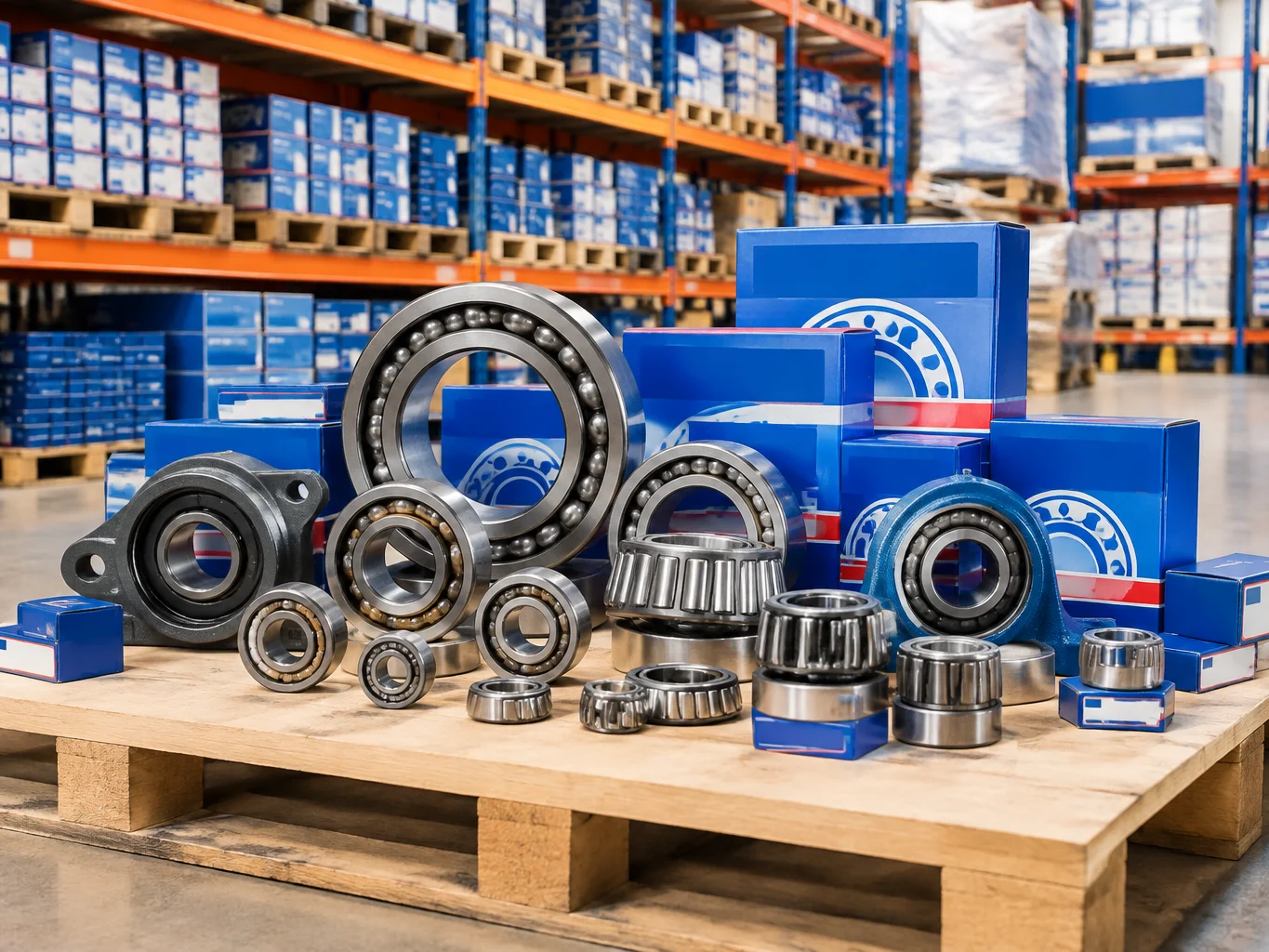 SKF bearing product display showing multiple series arranged on warehouse pallet