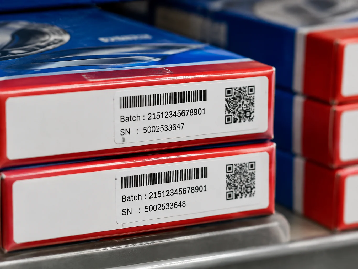 Close-up of SKF bearing packaging with batch code labels for full traceability