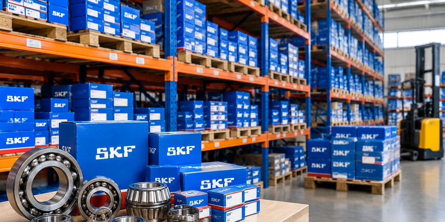 SKF bearing warehouse shelves stocked with boxed inventory ready for bulk dispatch