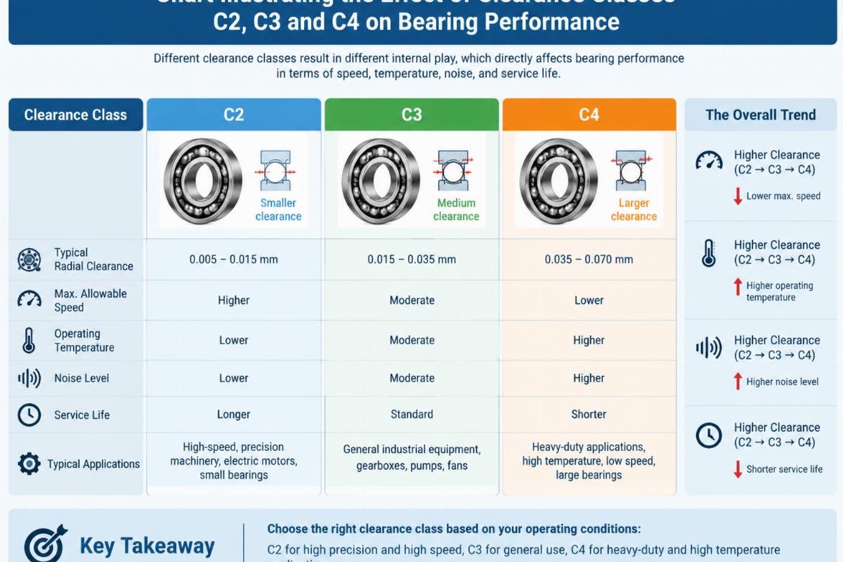 Chart illustrating the effect of clearance classes C2, C3, and C4 on bearing performance