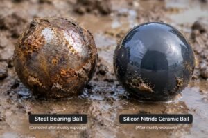 Close-up comparison of a corroded steel bearing ball versus a pristine silicon nitride ceramic ball after exposure to muddy conditions