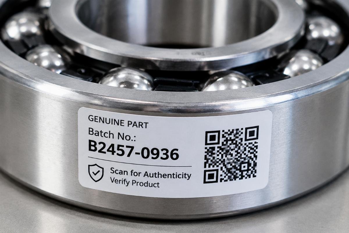 Close-up image of a bearing label showing batch number and verification QR code for authenticity