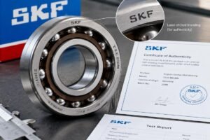 Close-up inspection of a genuine angular contact ball bearing with visible laser-etched branding and accompanying certification documents