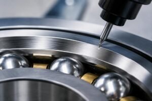 Close-up inspection of angular contact bearing raceways showing surface finish quality