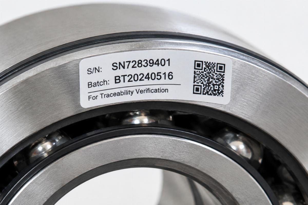 Close-up of a bearing label showing serial number and batch code for traceability verification
