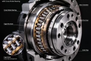 Close-up view of a cross roller bearing installed in a harmonic drive reducer showing the cage structure