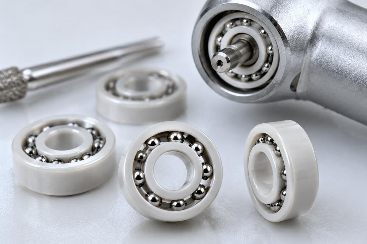 Close-up view of miniature ceramic dental handpiece bearings showing smooth raceways and precision balls