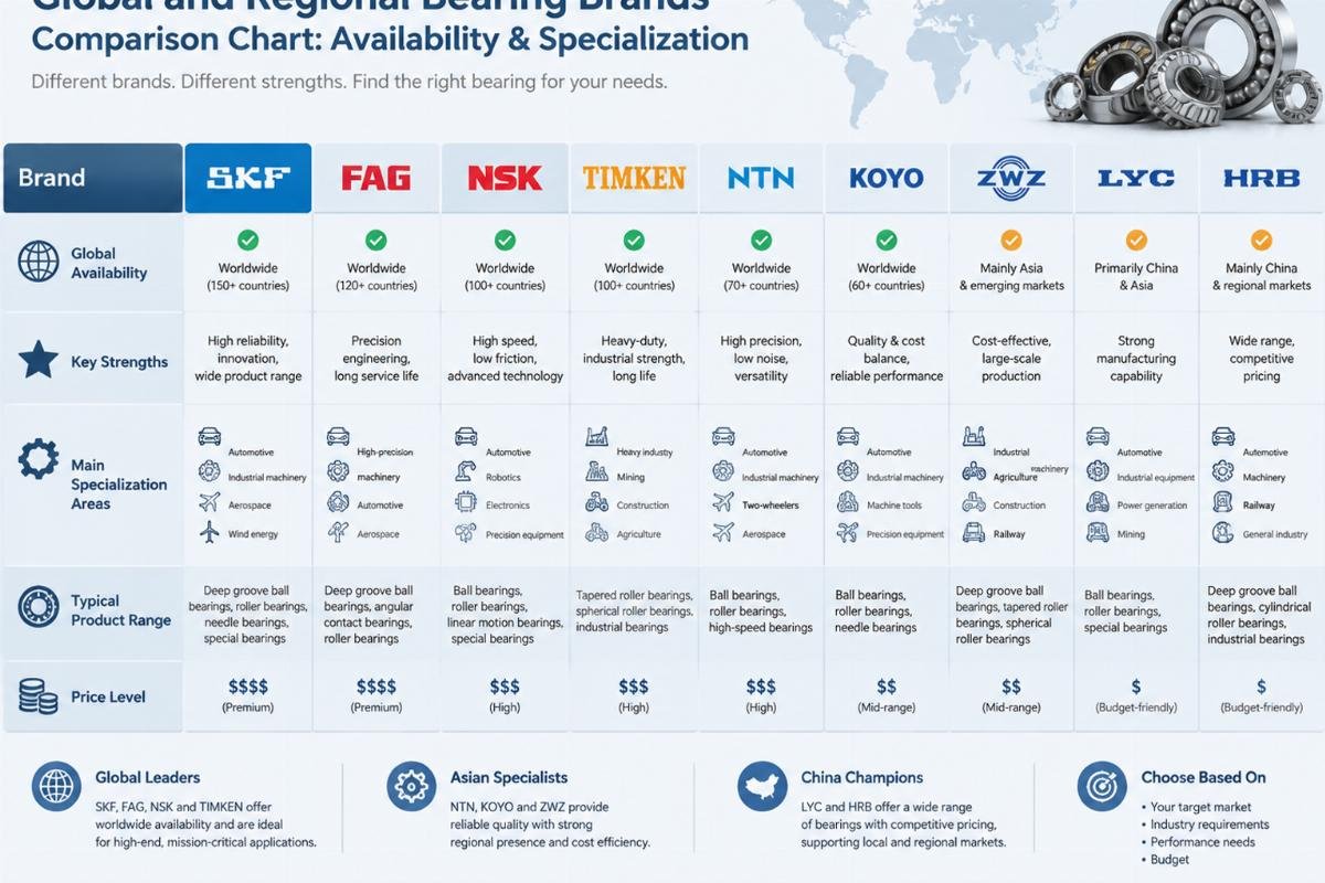 Comparison chart of global and regional bearing brands highlighting availability and specialization areas