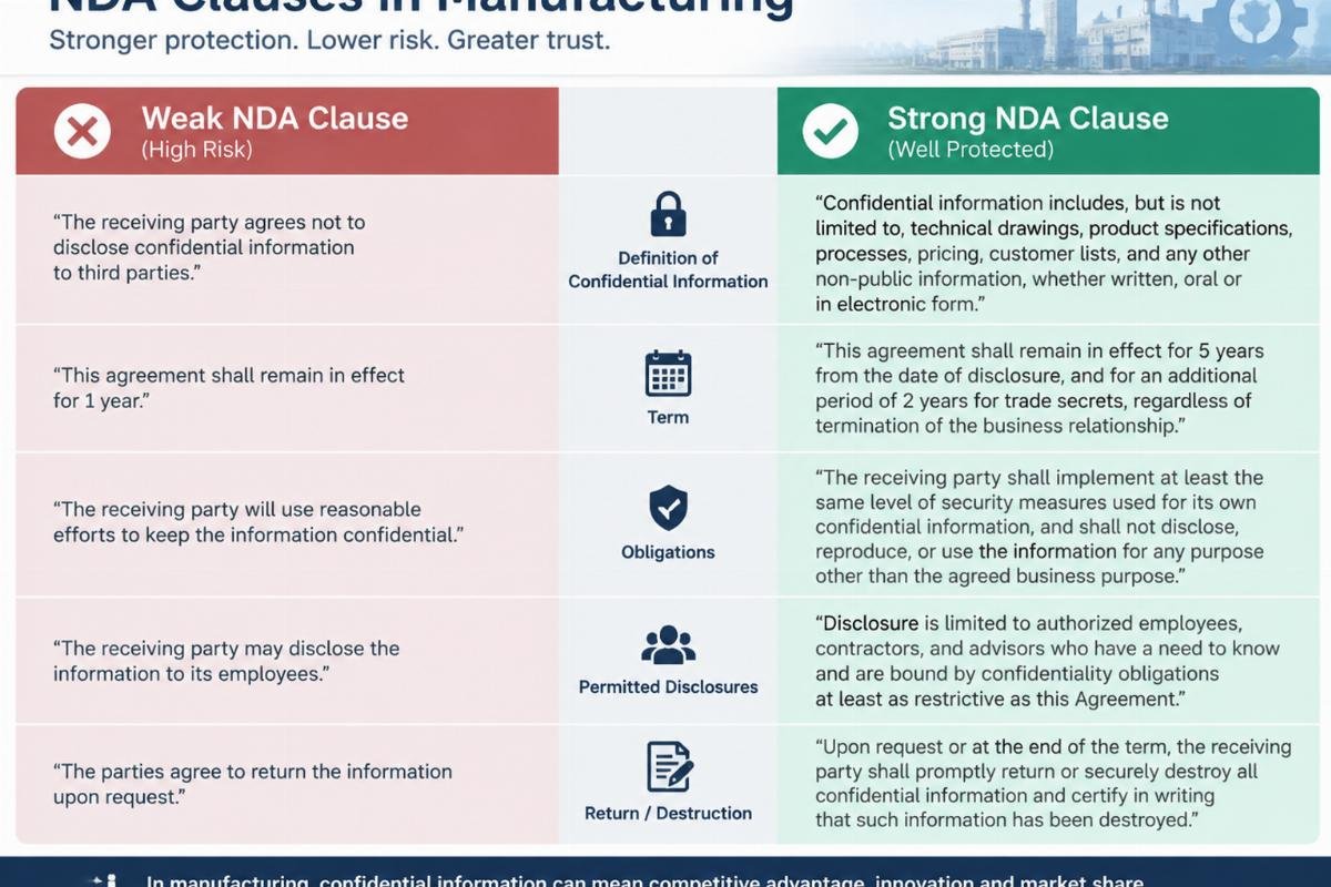 Comparison chart showing weak vs strong NDA clauses for manufacturing contexts