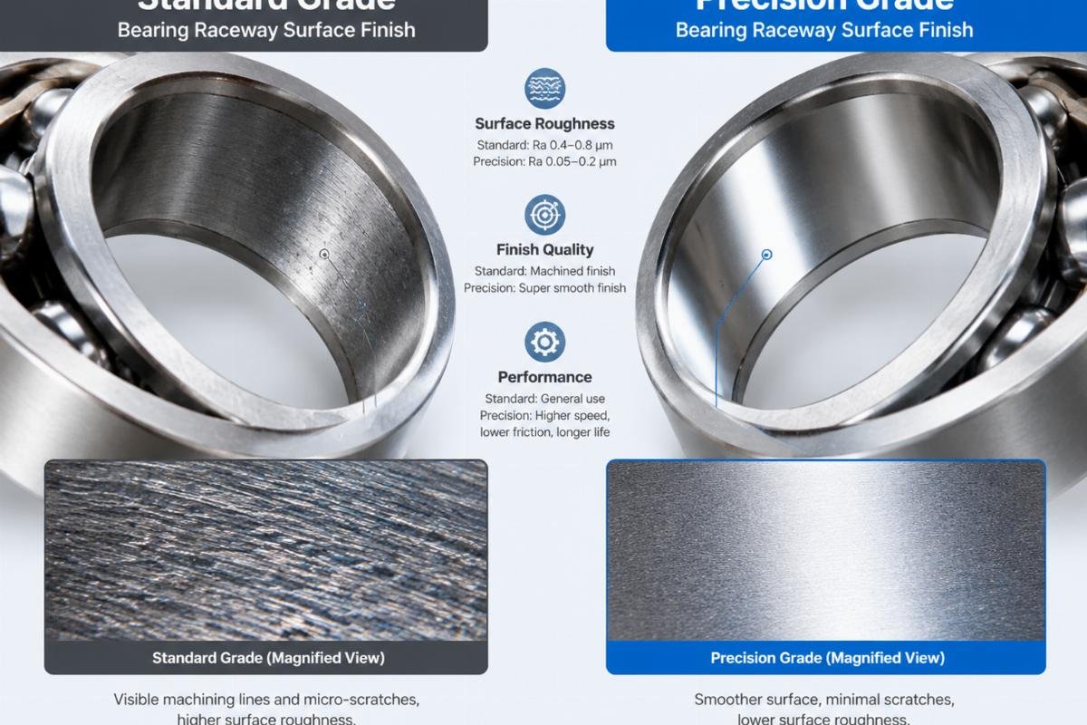 Comparison image showing surface finish differences between standard and precision grade bearing raceways