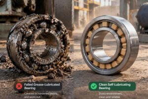 Comparison of a failed grease-lubricated bearing covered in hardened debris versus a clean self-lubricating bearing in a dusty industrial setting