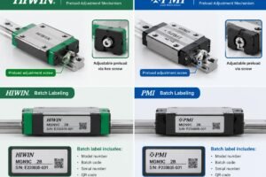Comparison of HIWIN and PMI miniature linear guides showing preload adjustment mechanisms and batch labeling