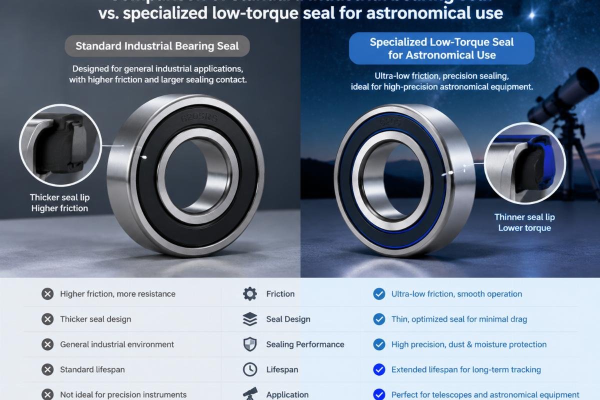 Comparison of standard industrial bearing seal vs specialized low-torque seal for astronomical use