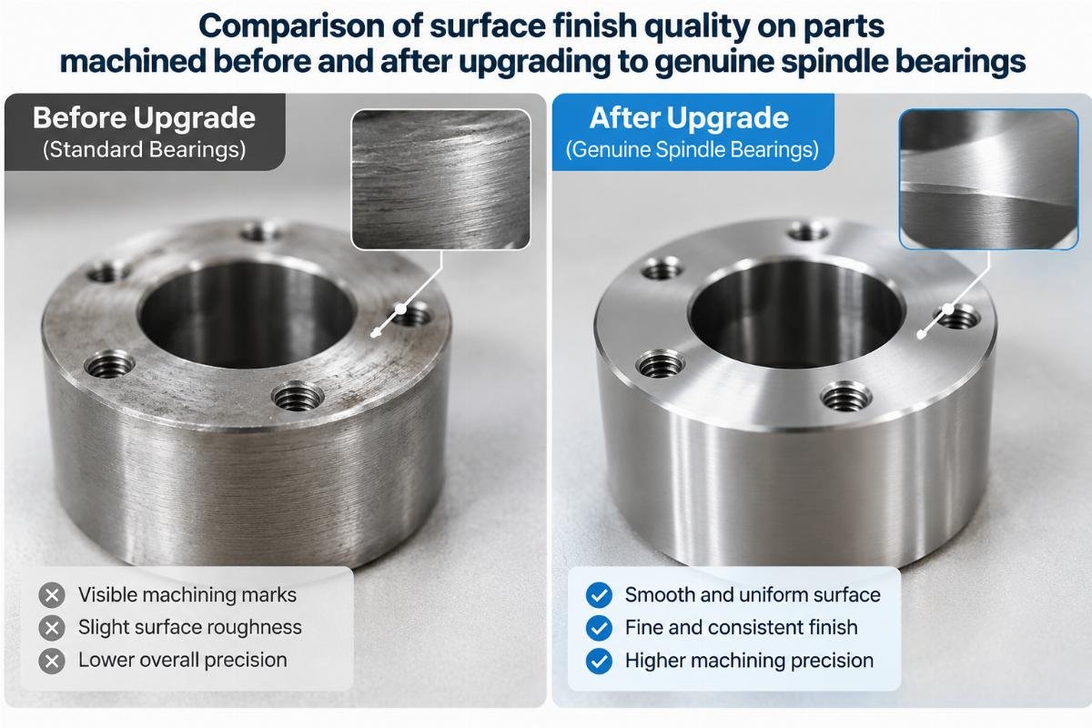Comparison of surface finish quality on parts machined before and after upgrading to genuine spindle bearings
