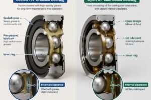 Cross-section comparison of a sealed pre-greased bearing versus an open oil-lubricated bearing showing internal clearance