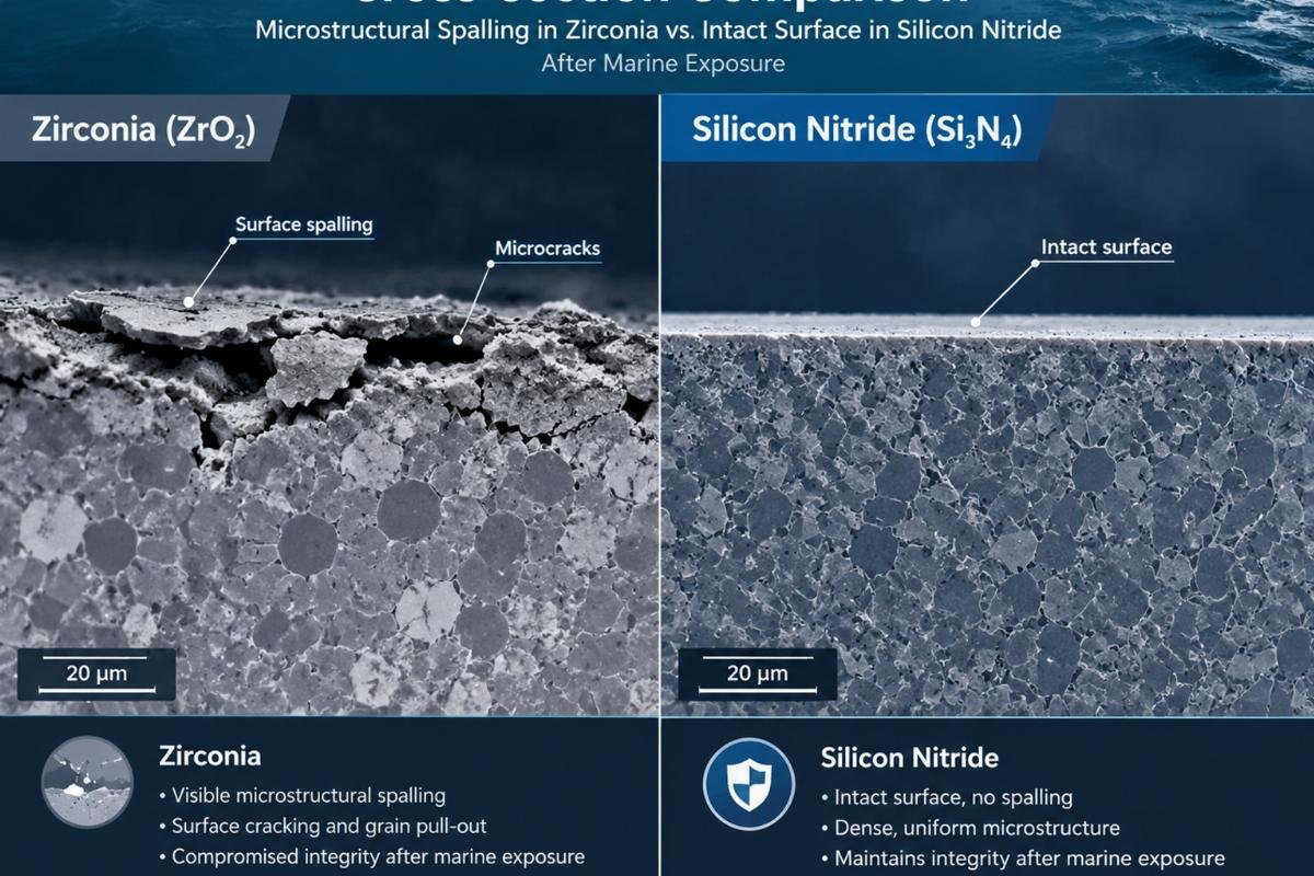 Cross-section comparison showing microstructural spalling in zirconia versus intact surface in silicon nitride after marine exposure