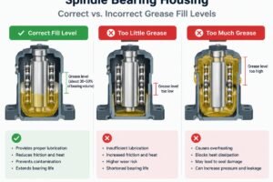Cross-section diagram showing correct versus incorrect grease fill levels in a spindle bearing housing
