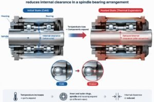 Cross-section diagram showing how thermal expansion reduces internal clearance in a spindle bearing arrangement