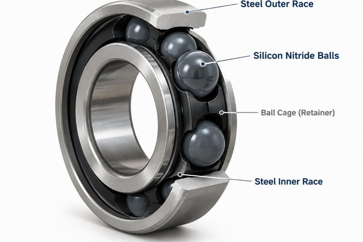 Cross-section illustration of a hybrid ceramic bearing showing silicon nitride balls and steel races