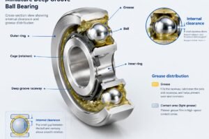 Cross-section view of a miniature deep groove ball bearing showing internal clearance and grease distribution