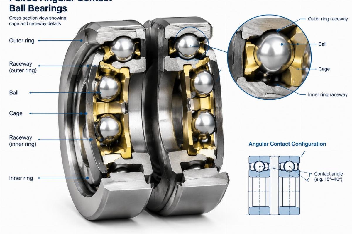 Cross-section view of a paired set of angular contact ball bearings showing cage and raceway details