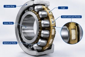 Cross-section view of a spherical roller bearing showing solid lubricant pockets in the cage