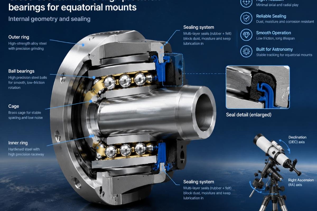 Cross-section view of high precision bearings for equatorial mounts showing internal geometry and sealing