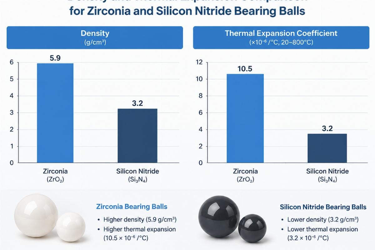 Density and thermal expansion comparison chart for zirconia and silicon nitride bearing balls