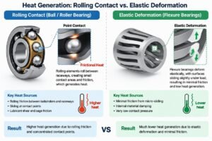 Diagram comparing heat generation in rolling contact versus elastic deformation in flexure bearings