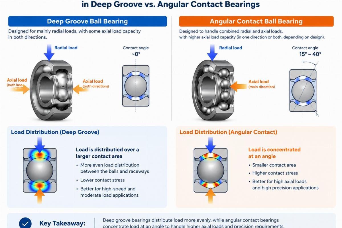 Diagram comparing load distribution in deep groove vs angular contact bearings