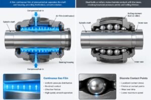 Diagram comparing the continuous gas film of an air bearing versus the discrete contact points of rolling elements in a high-speed spindle