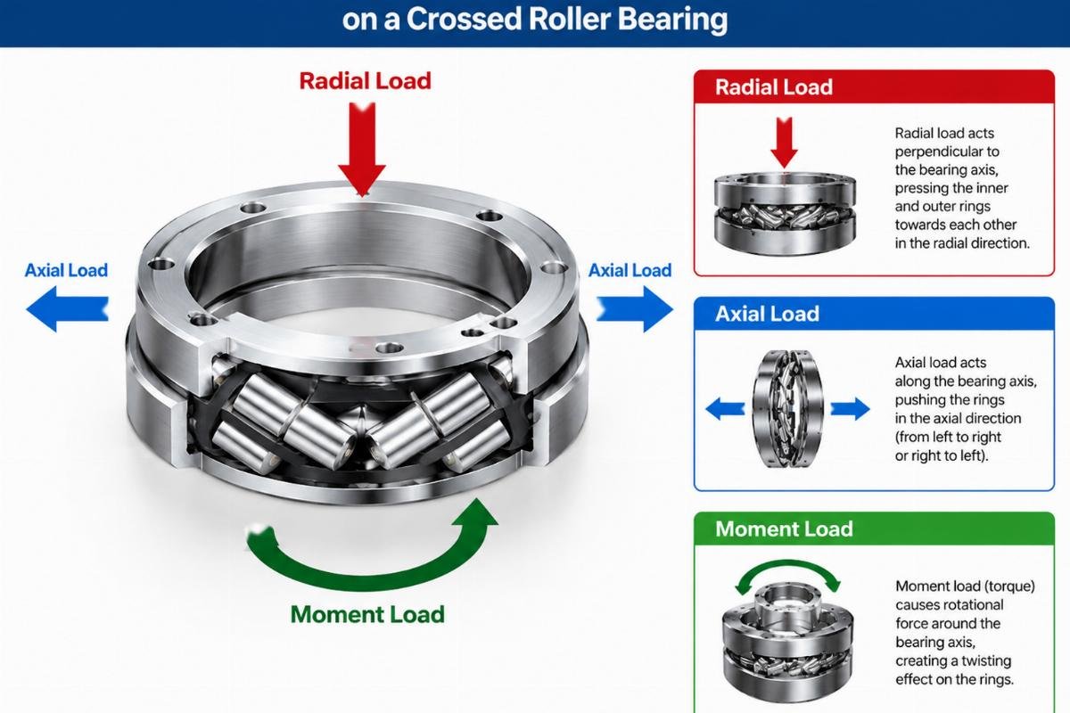Diagram illustrating the direction of radial, axial, and moment loads on a crossed roller bearing