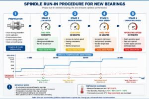 Diagram illustrating the step-by-step spindle run-in procedure for new bearings showing speed stages and temperature monitoring points