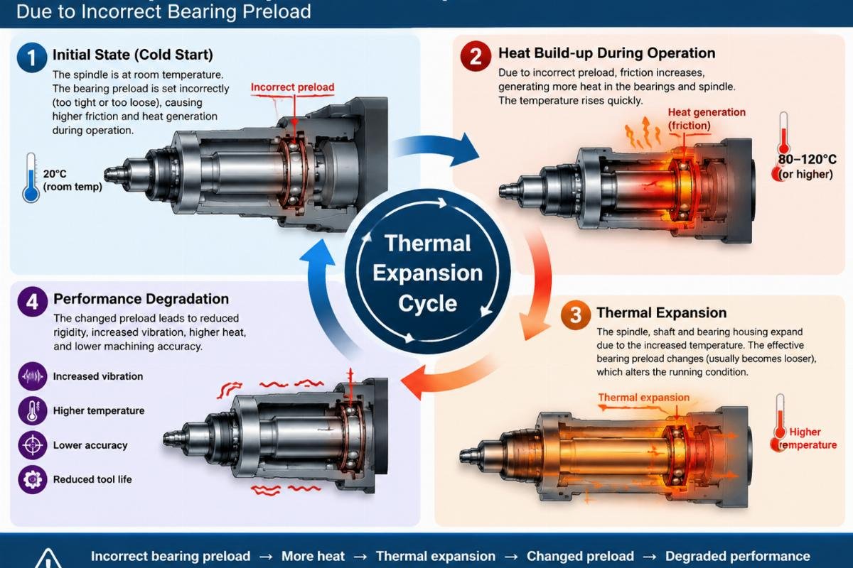 Diagram illustrating the thermal expansion cycle in a CNC spindle due to incorrect bearing preload