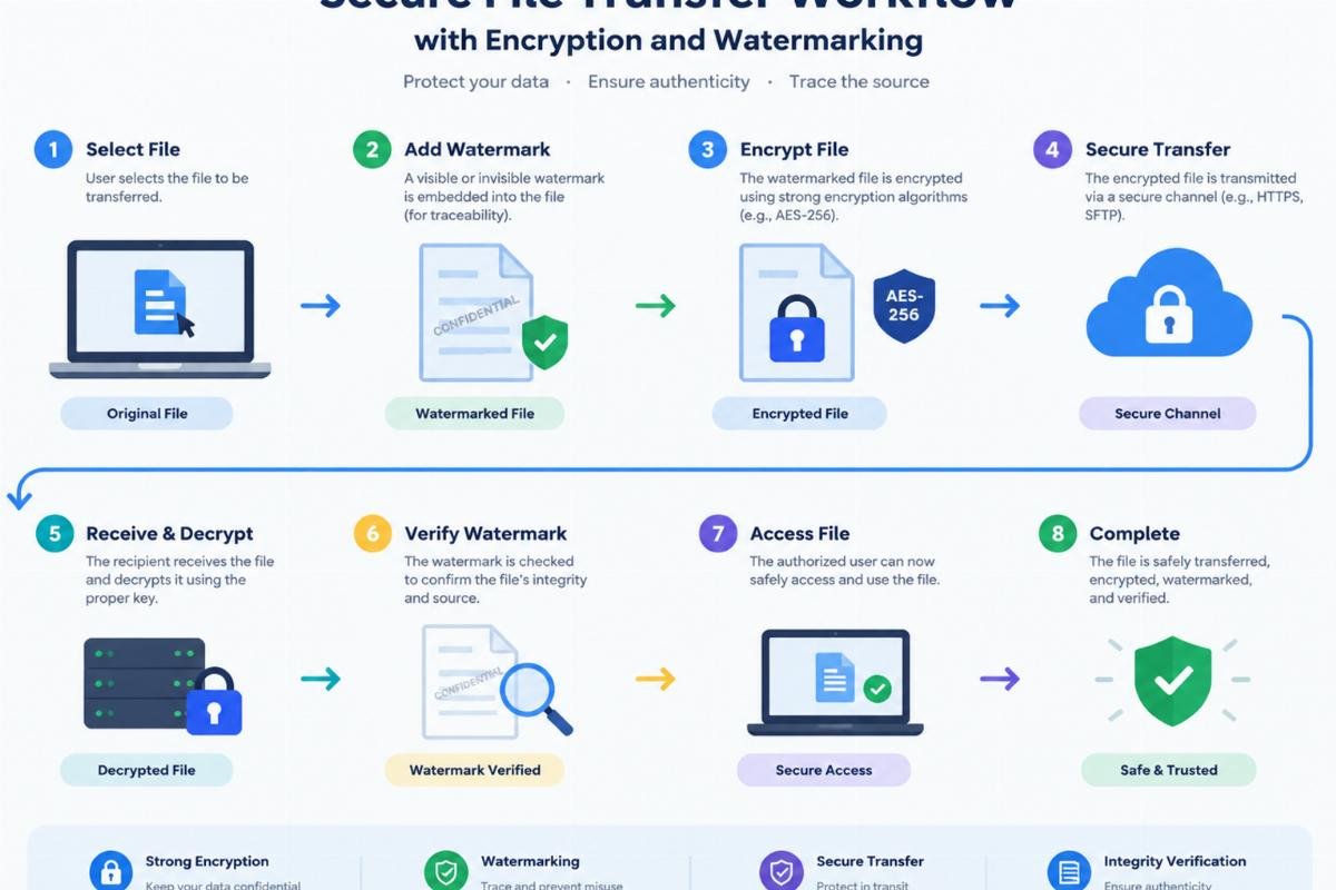 Diagram of secure file transfer workflow with encryption and watermarking steps