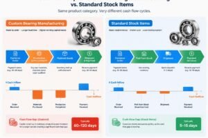 Diagram showing cash flow gaps in custom bearing manufacturing versus standard stock items