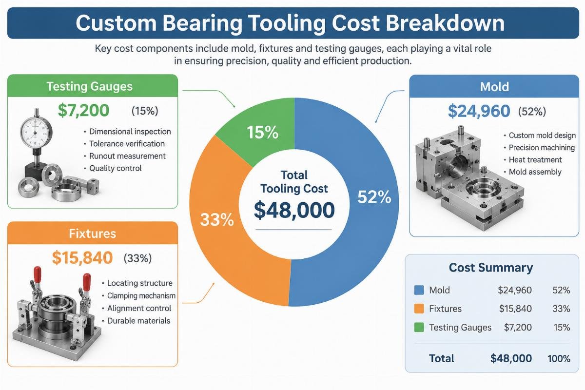Diagram showing the breakdown of custom bearing tooling costs including mold, fixtures, and testing gauges