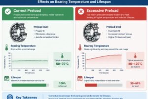 Diagram showing the difference between correct and excessive preload effects on bearing temperature and lifespan