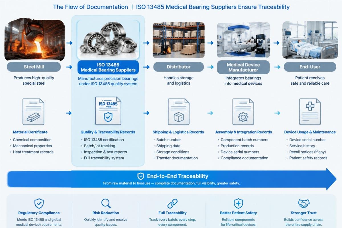 Diagram showing the flow of documentation from steel mill to end-user, highlighting ISO 13485 medical bearing suppliers' role in maintaining traceability