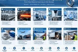 Diagram showing the full lifecycle of super precision bearing delivery from raw material sourcing to site receipt