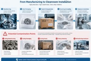 Diagram showing the journey of a precision bearing from manufacturing to cleanroom installation, highlighting potential contamination points during transit and unsealing