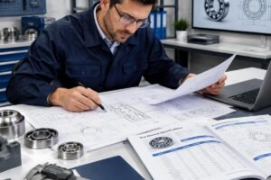 Engineer reviewing assembly drawings and bearing specifications for precision application
