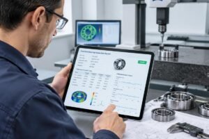 Engineer reviewing detailed precision bearing inspection reports with CMM data charts on a tablet
