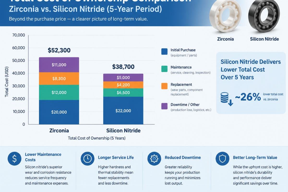 Graph illustrating total cost of ownership comparison between zirconia and silicon nitride over a five-year period