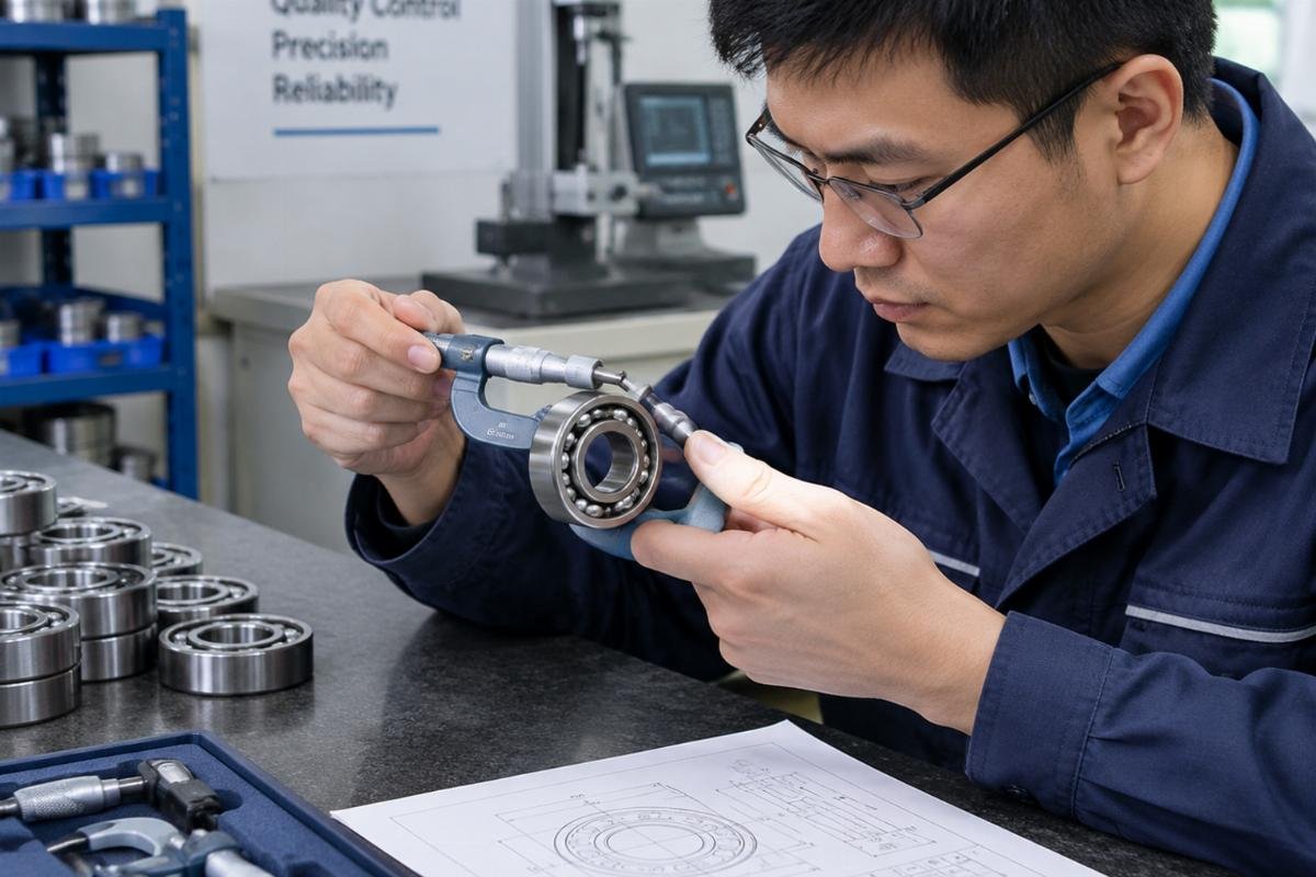 Image of a quality control inspector measuring bearing dimensions with precision micrometers
