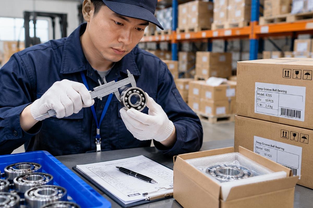 Inspector checking bearing dimensions and packaging integrity in a warehouse setting