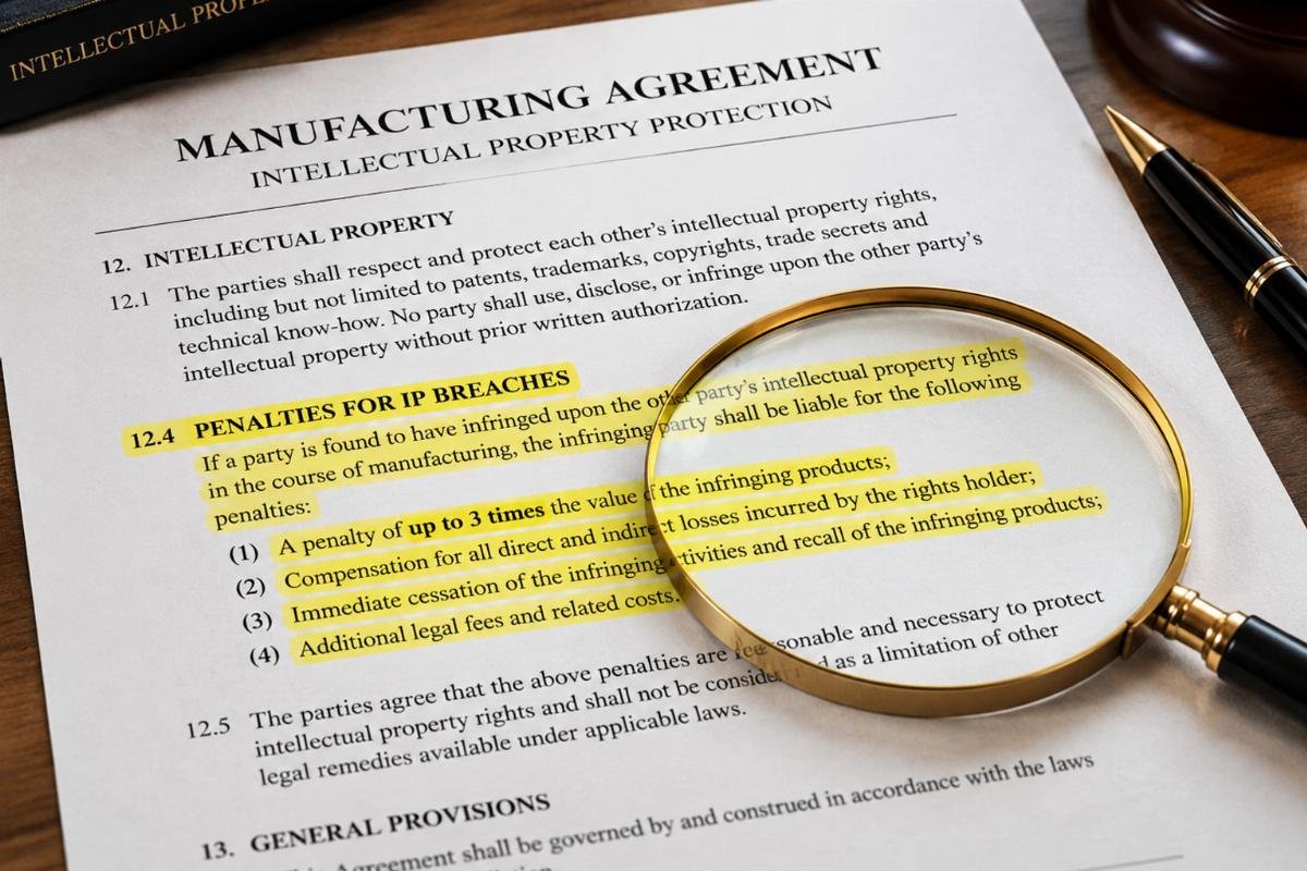 Legal document highlighting specific penalty clauses for IP breaches in manufacturing