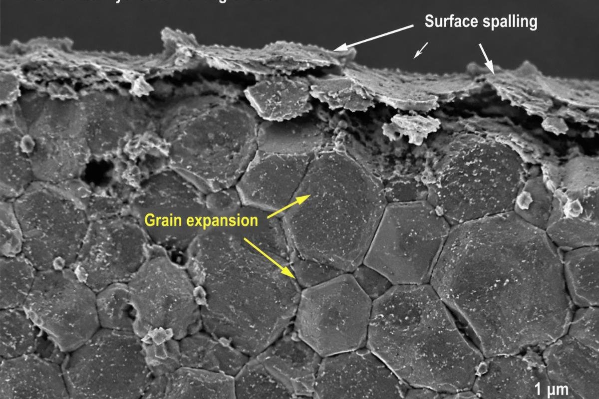 Micrograph showing surface spalling and grain expansion in zirconia due to hydrothermal degradation