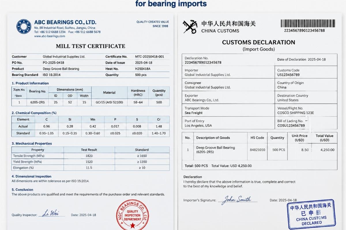 Sample of a valid mill test certificate and customs declaration for bearing imports