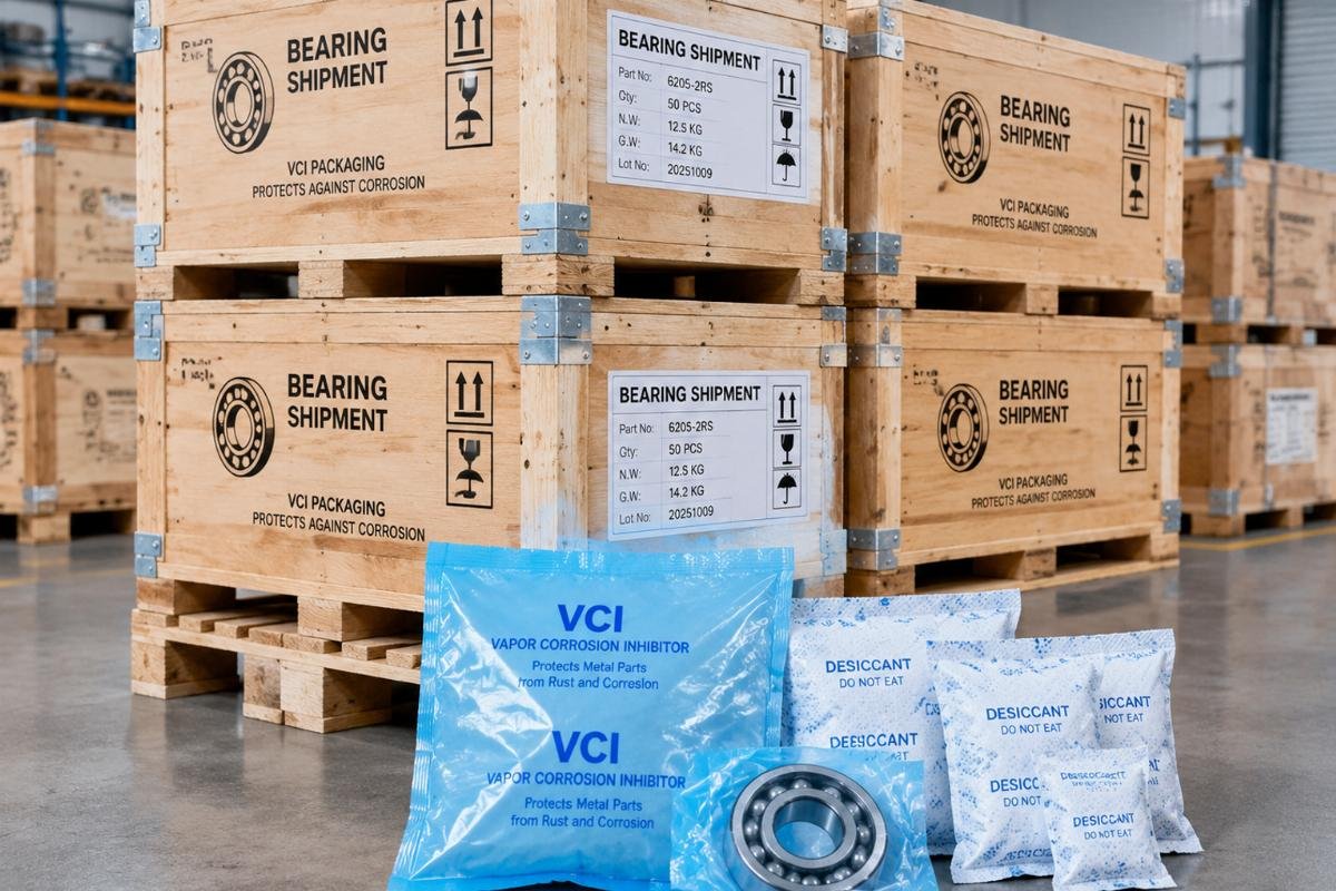 Stacked crates with VCI packaging labels and desiccant packs for bearing shipment